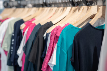 Obraz premium Clothes hanging on wooden hangers in a store displaying different colors and styles during the day for shoppers to see and choose