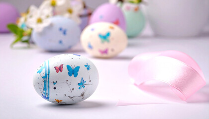 Beautifully decorated easter eggs with vibrant butterfly designs and a pink ribbon evoke the joy and renewal of spring celebrations.