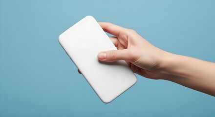 Obraz premium Hand holding a blank white smartphone against a blue background from a top-down viewpoint