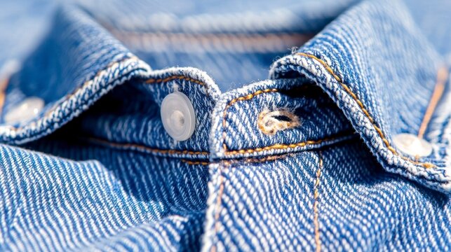 Close-up of a denim shirt collar with button and stitching details.