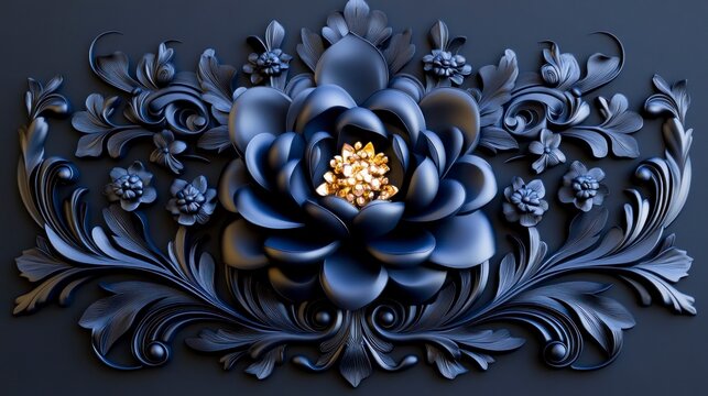 Luxurious dark blue baroque floral bas relief with an ornate golden center.