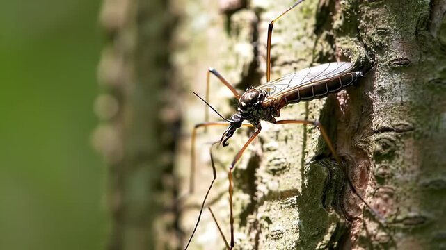 Detailed close-up of a crane fly clinging to textured tree bark in dappled sunlight showcasing intricate details and natural beauty for nature and science themes