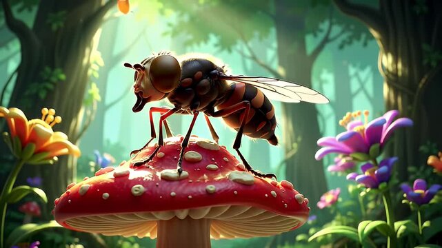 Detailed macro shot of a striking fly perched on a vibrant red mushroom in an enchanted forest setting bathed in dappled sunlight and surrounded by colorful flora