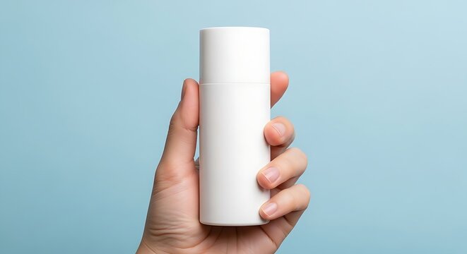 Hand holding a cylindrical object against a blue background from a frontal viewpoint
