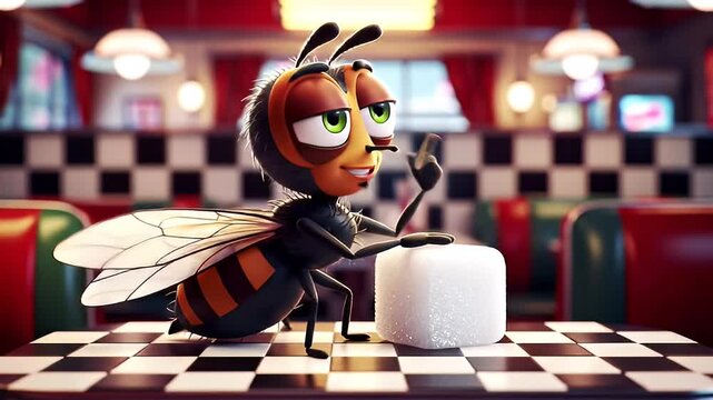 Charming cartoon bee character sits at a retro diner table playfully waving and reaching for a sugar cube a whimsical illustration perfect for children s content and sweet-themed designs