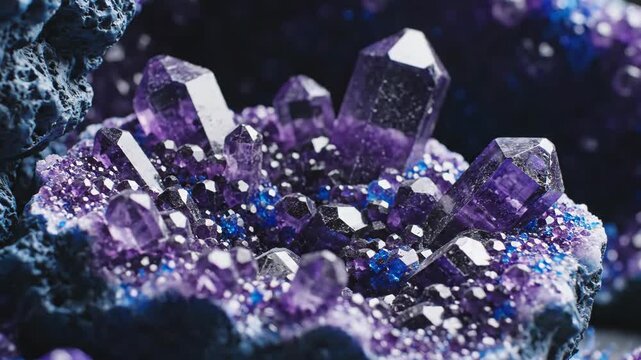 Stunning amethyst crystals forming a beautiful cluster on rock surface. Amethyst features vibrant purple hue with natural reflections shining bright.