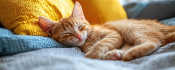 Sleeping Tabby Kitten on Soft Blanket with Warm Fairy Lights