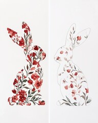 Floral Bunny Silhouette with Red Flowers Minimal Spring Design