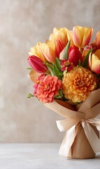 Elegant Spring Bouquet with Tulips and Dahlias in Warm Colors