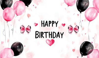 Watercolor Happy Birthday Card with Pink and Black Balloons, Hearts and Bows on White Background