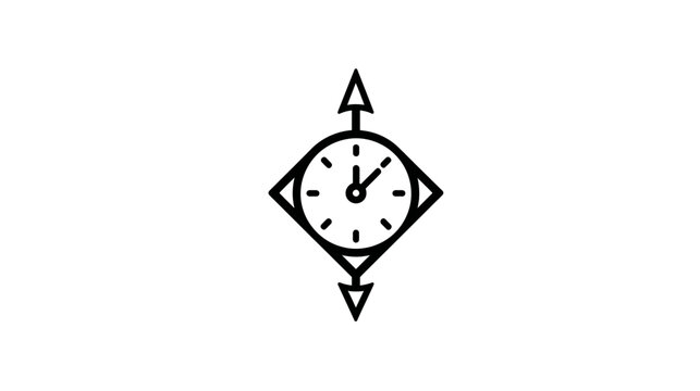 Black and white icon of a clock inside a diamond shape with arrows. Time concept