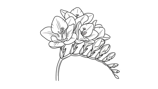 A black and white line drawing of a freesia flower stem with blooms and buds