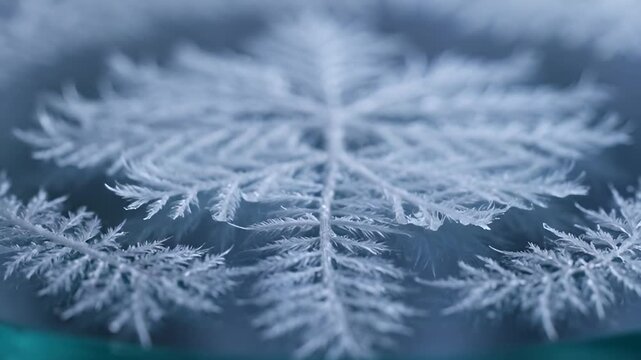 Macro photograph of ice crystals forming a fern like snowflake pattern