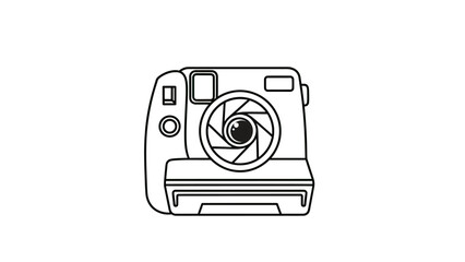 Line art illustration of an instant camera. Features lens, viewfinder, and outline of the body