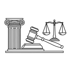Naklejka premium A monochrome illustration of justice symbols column, gavel, scales