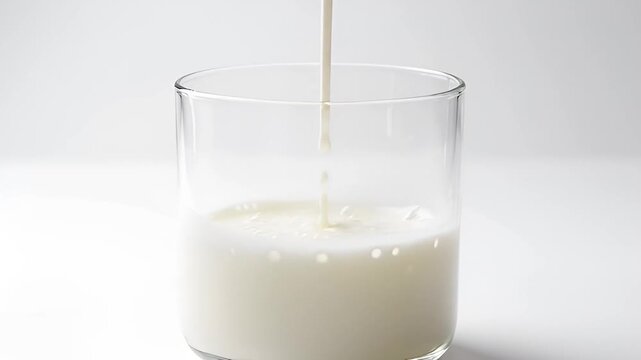 Pouring fresh creamy milk into a clear glass on a white background