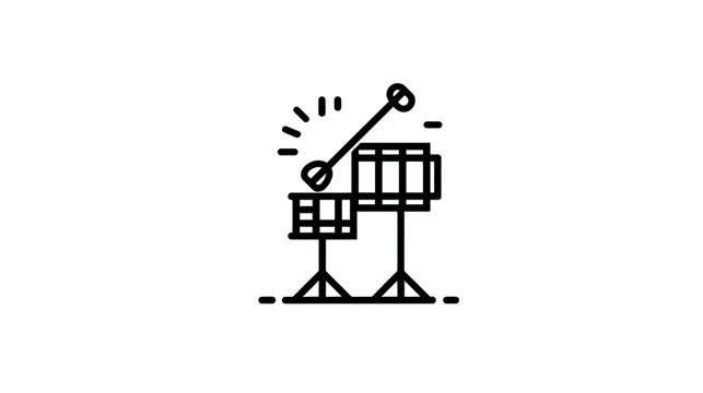 Black and white line art of a drum set being played. Drums are on stands
