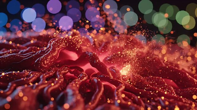 Abstract red organic forms with particles and bokeh background