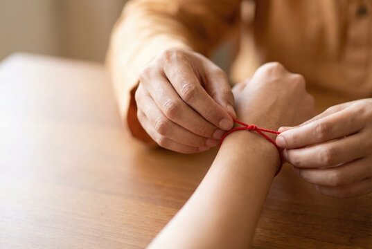 One person tying a simple red string of fate bracelet onto another's wrist.