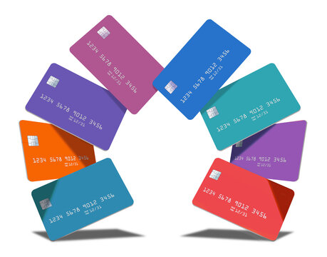 Generic mock credit cards or debit cards are seen in this 3-d illustration about banking, finance and business.. Text area, copy space is available in this isolated image