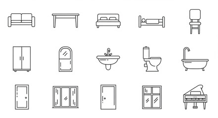 Collection of hand drawn furniture and home decor icons. © Boti