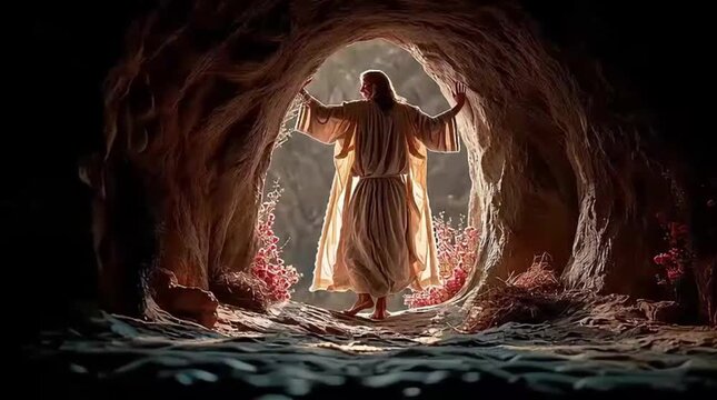 Jesus Christ emerging from the empty cave tomb, a powerful symbol of resurrection, hope, and spiritual renewal on Easter.