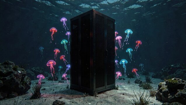 Absolute Black Server Rack Silhouetted by Bioluminescent Jellyfish