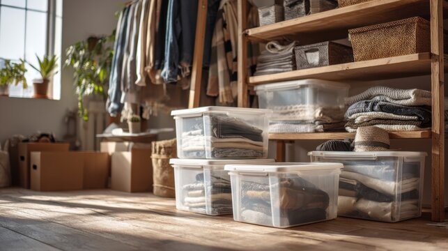 Packed storage boxes and clear plastic bins with folded clothes on wooden shelves for moving and home organization background