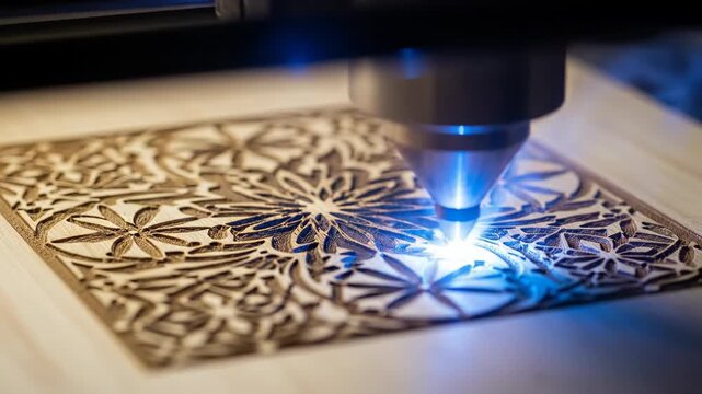 Close-up of a blue laser engraving process creating a geometric tile pattern on a surface.