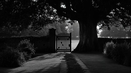 A grayscale garden gate