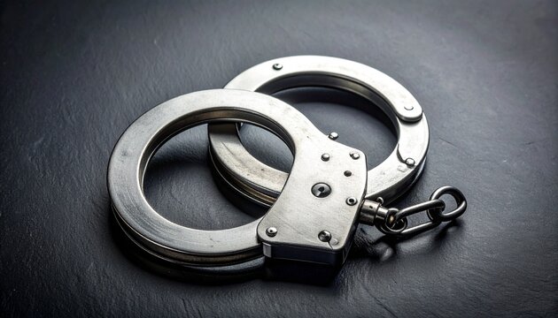 Pair of metal handcuffs displayed on a dark leather surface, captured from a top-down viewpoint
