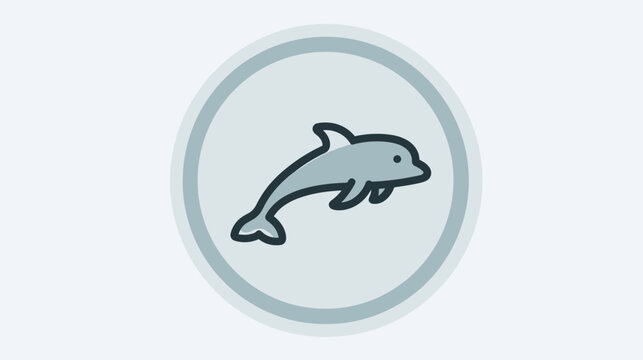 A playful, cartoon dolphin icon, swimming upwards, enclosed within a grey circular frame on white