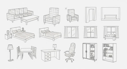 Collection of hand drawn furniture sketches for interior design.