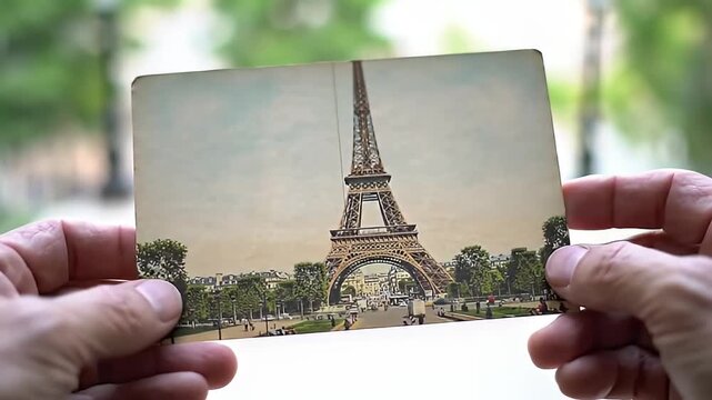 Hands holding a vintage postcard depicting the iconic Eiffel Tower in Paris France a nostalgic travel memory evoking classic Parisian charm and romantic European adventures
