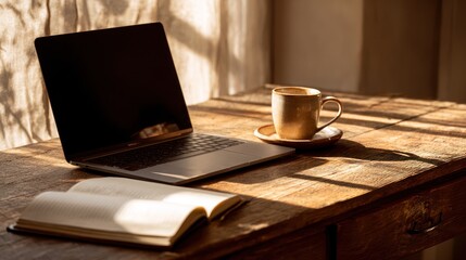 Laptop, open book, and a mug on a sunlit wooden desk near a window with soft light
