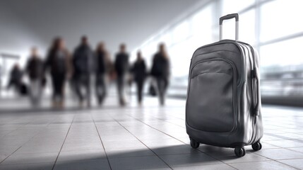 Rolling suitcase in brightly lit corridor with people walking in blurry background