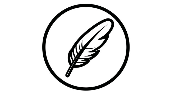 A monochrome illustration of a feather inside a circle, set against a stark white backdrop