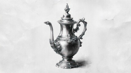 Ornate silver pitcher stands against a mottled white background in elegant still life