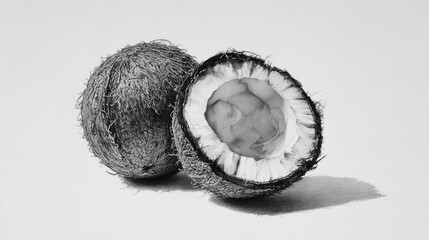 Monochrome shot whole and halved coconut, showing fibrous exterior and flesh interior