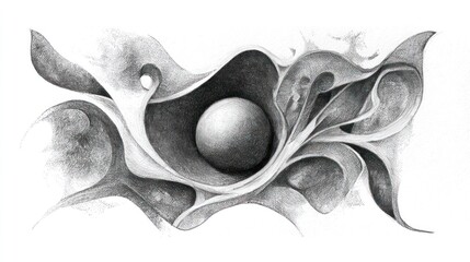 Abstract drawing of a sphere nestled in flowing, organic, monochromatic structures