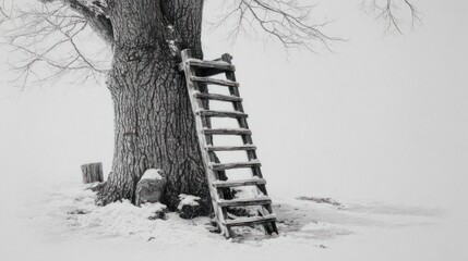 Wintery scene A rustic ladder leans against a large, textured tree in a snowy field