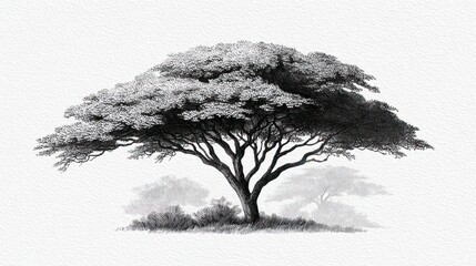 Lone, majestic tree drawing. Shady crown, textured trunk, ground shadows on light background