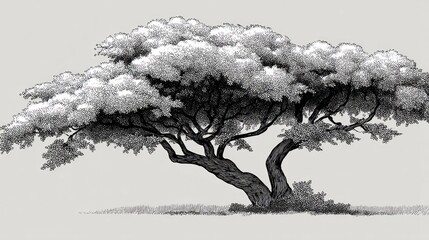 Monochrome illustration of a wide tree with dense foliage on a light background