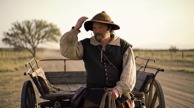 Frontier Explorer Adjusts Hat on Covered Wagon - Historical Man in Period Costume Travels Across Dusty Plains Landscape at Sunset