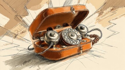 Vintage leather-cased rotary phone illustration with stylized shading and light effects