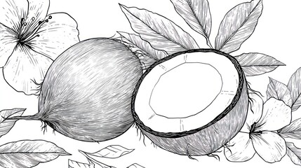 Black-and-white illustration of coconuts, flower blooms and leaves; detailed hatching
