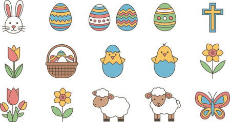 A delightful collection of colorful flat design Easter and spring icons featuring cute animals and blooming flowers for holiday designs