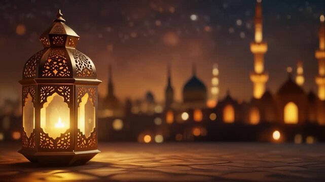 Ornate Islamic lantern glowing with warm light on a patterned surface with a blurred cityscape of mosques and minarets at dusk