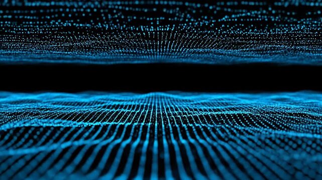 Abstract blue digital grid waves beneath a glowing data field.
