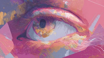 Close-up abstract eye illustration in pink, gold, and purple with textural effects